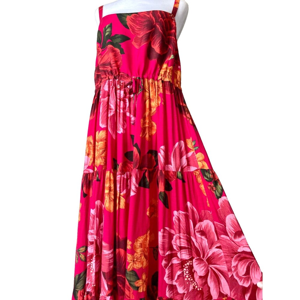 Farm Rio Tiered Maxi Dress Sz M Pink Vibrant Floral Boho Free Spirited Feminine - Picture 5 of 14